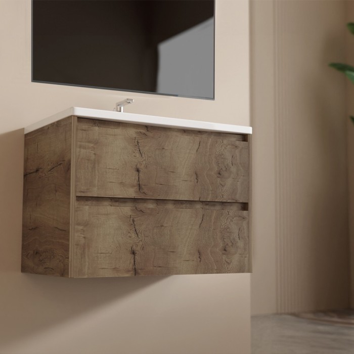 MOBILE BAGNO SOSPESO CON CASSETTI 80 CM TERRA VENATO COMPLETO DI LAVABO E SPECCHIO
