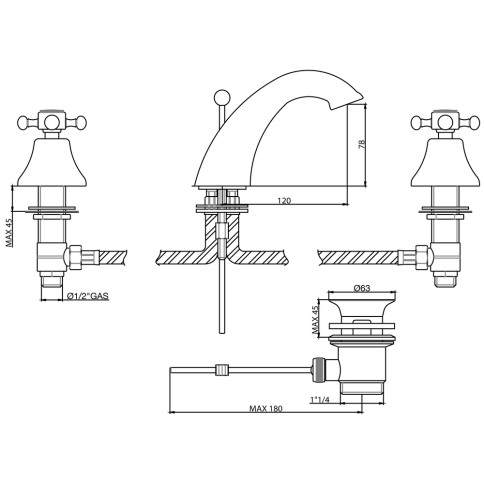 Batteria lavabo 3 fori scarico 1”1/4 1/4” giro