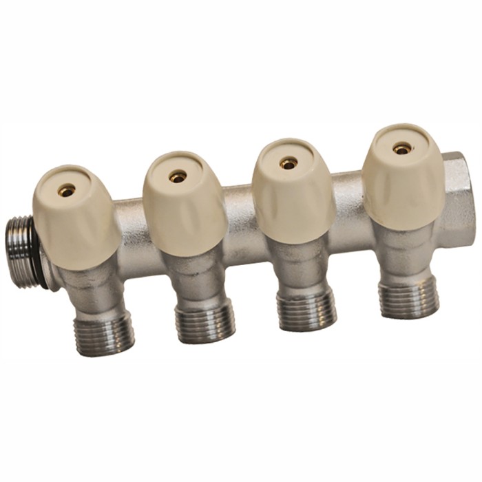 Collettore in ottone nichelato con rubinetto arresto 3/4x2 vie tiemme