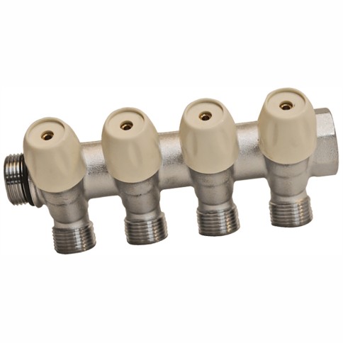 Collettore in ottone nichelato con rubinetto arresto 3/4x3 vie tiemme