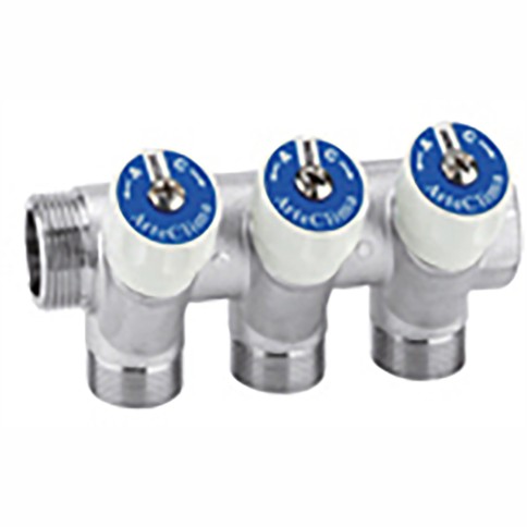 Collettore in ottone nichelato con con rubinetto inclinato 3/4x2 vie arteclima
