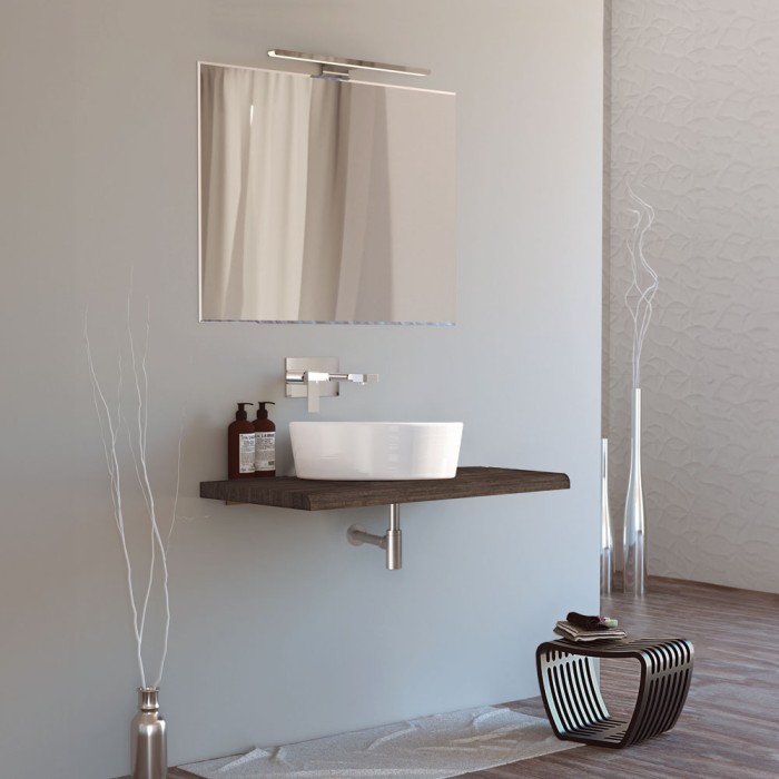 Mensolone bagno legno massello noce scuro 100 cm con lavabo. specchio e lampada