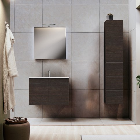 Mobile bagno sospeso con colonna wenge 70 cm con lavabo. specchio e lampada