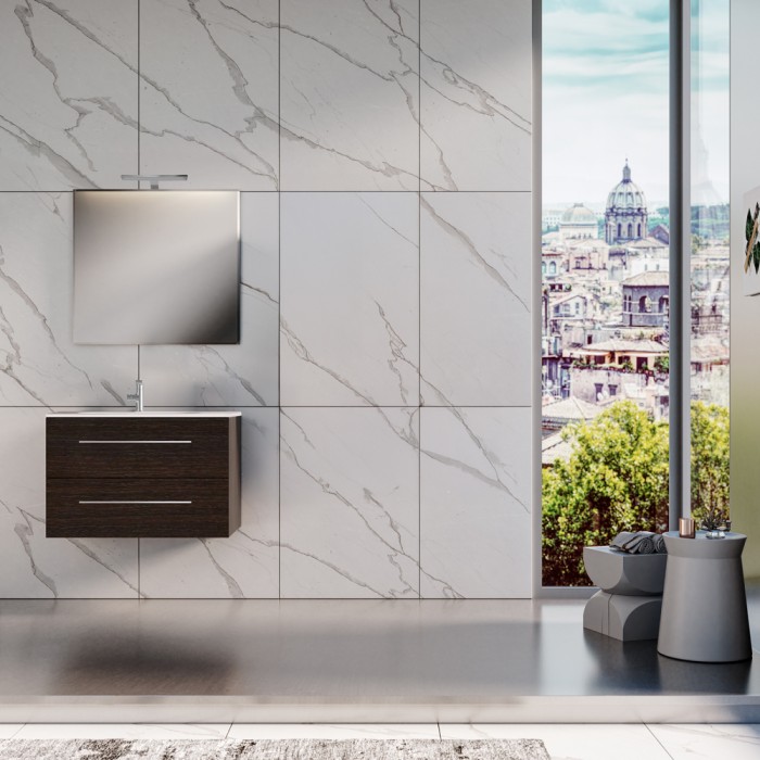 Mobile bagno sospeso wenge' 70 cm con lavabo specchio e lampada