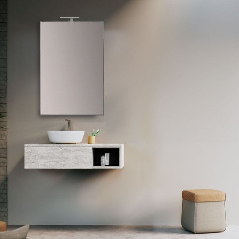 Mobile bagno sospeso con vano a giorno olmo bianco 110 cm con lavabo. specchio e lampada