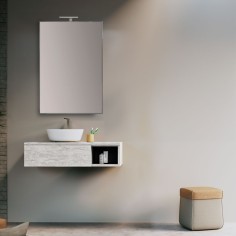 Mobile bagno sospeso con vano a giorno olmo bianco 110 cm con lavabo. specchio e lampada