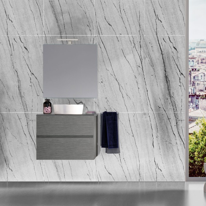 Mobile bagno sospeso larice grigio 75 cm con top. lavabo. specchio e lampada