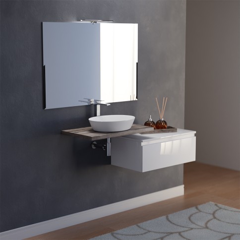Mensolone bagno sospeso rovere fossile 80 cm con cassettone bianco lucido 80 cm con lavabo. specchio e lampada