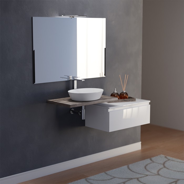 Mensolone bagno sospeso rovere fossile 80 cm con cassettone bianco lucido 80 cm con lavabo. specchio e lampada
