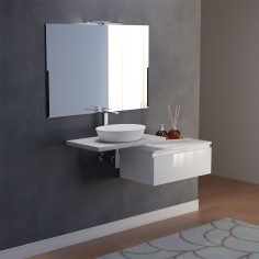 Mensolone bagno sospeso beton 80 cm con cassettone bianco lucido 80 cm con lavabo. specchio e lampada