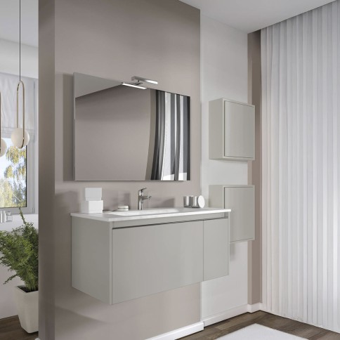 Mobile bagno sospeso con due pensili tortora opaco 80 cm con lavabo. specchio e lampada