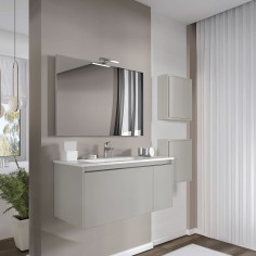 Mobile bagno sospeso con due pensili tortora opaco 80 cm con lavabo. specchio e lampada