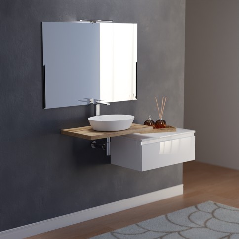 Mensolone bagno sospeso rovere naturale 80 cm con cassettone bianco lucido 80 cm con lavabo. specchio e lampada