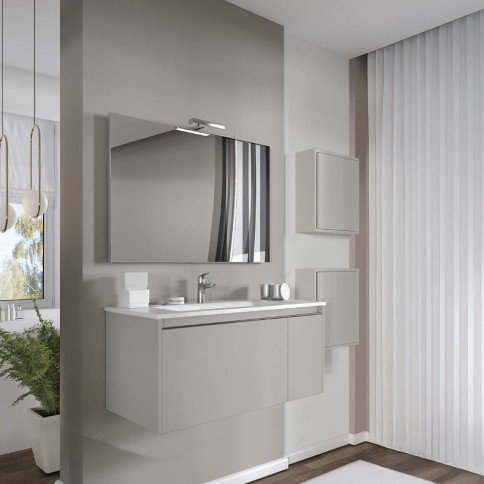 Mobile bagno sospeso con due pensili tortora opaco 80 cm con lavabo. specchio e lampada