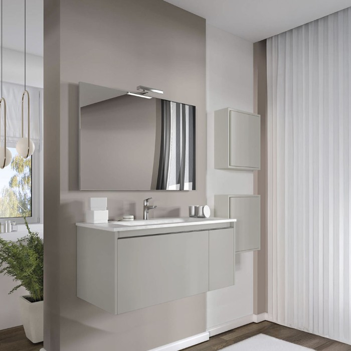 Mobile bagno sospeso con due pensili tortora opaco 80 cm con lavabo. specchio e lampada
