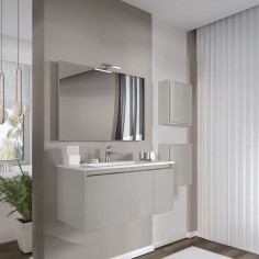 Mobile bagno sospeso con due pensili tortora opaco 80 cm con lavabo. specchio e lampada