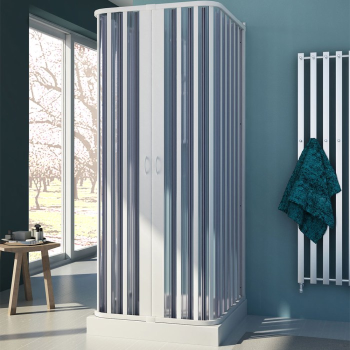 Box doccia flex tre lati a soffietto riducibile 100x100x100 cm. ante ad apertura centrale in acrilico expo