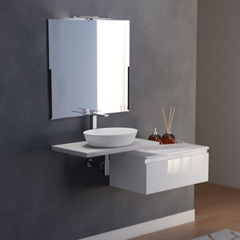 Mensolone bagno sospeso beton 80 cm con cassettone bianco lucido 80 cm con lavabo. specchio e lampada